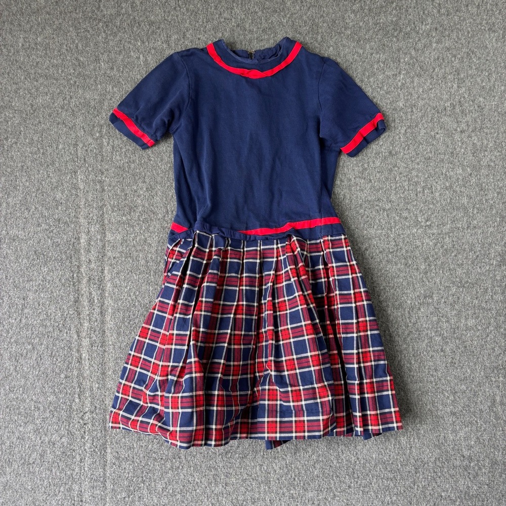Kate Greenaway Vintage Girls Navy Blue Plaid Pleated Dress Size 8 Cotton